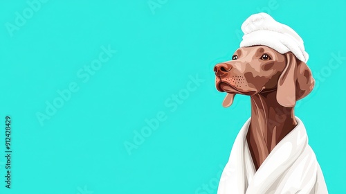 A freshly groomed dog in a bathrobe looks serene against a green backdrop, embodying love and care for pets.