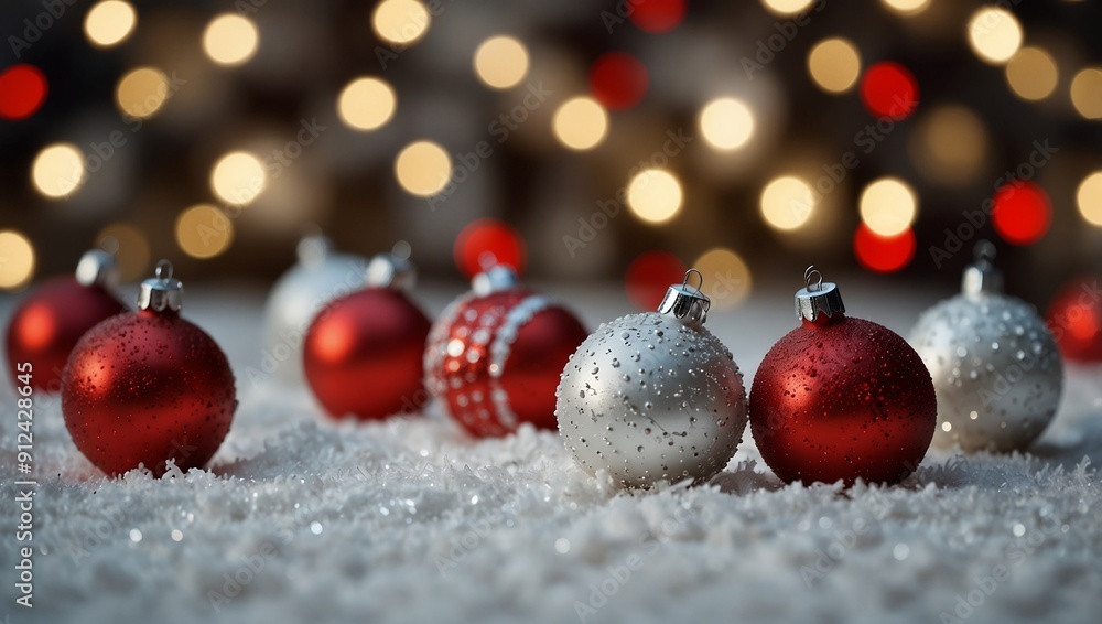 red and white christmas decorations on snow with white lights and bokeh red and white christmas decorations on snow with white lights and bokeh