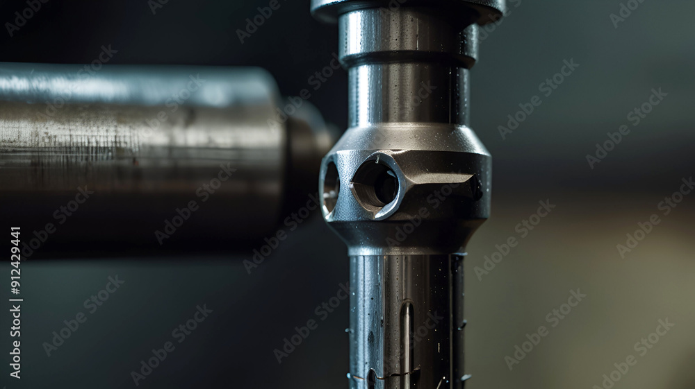 Naklejka premium Precision and Power Closeup of a Drill Bit Boring into Metal. Concept Industrial Tools. Metalworking, Closeup Photography, Precision Engineering. Ai generative