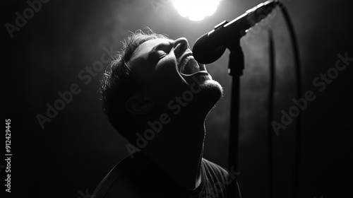 Photo of man screaming in front of microphone