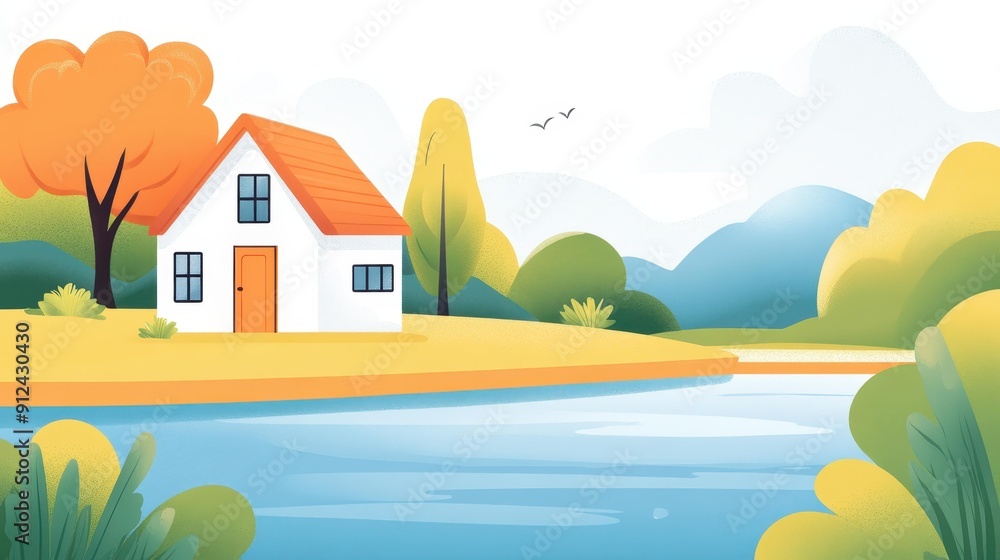 Fototapeta premium Explore a sleek, tiny house by the lake, combining modern design with lush textures in this playful illustration.