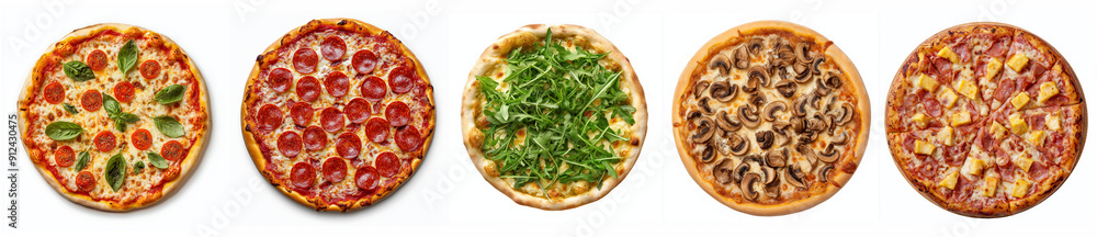 Pizza collection, margharita, pepperoni, arugula, funghi and hawaii, isolated on a transparent background, italian food bundle Pizza collection, margharita, pepperoni, arugula, funghi and hawaii, isolated on a transparent background, italian food bundle