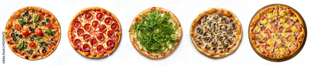 Pizza collection, margharita, pepperoni, arugula, funghi and hawaii, isolated on a transparent background, italian food bundle Pizza collection, margharita, pepperoni, arugula, funghi and hawaii, isolated on a transparent background, italian food bundle