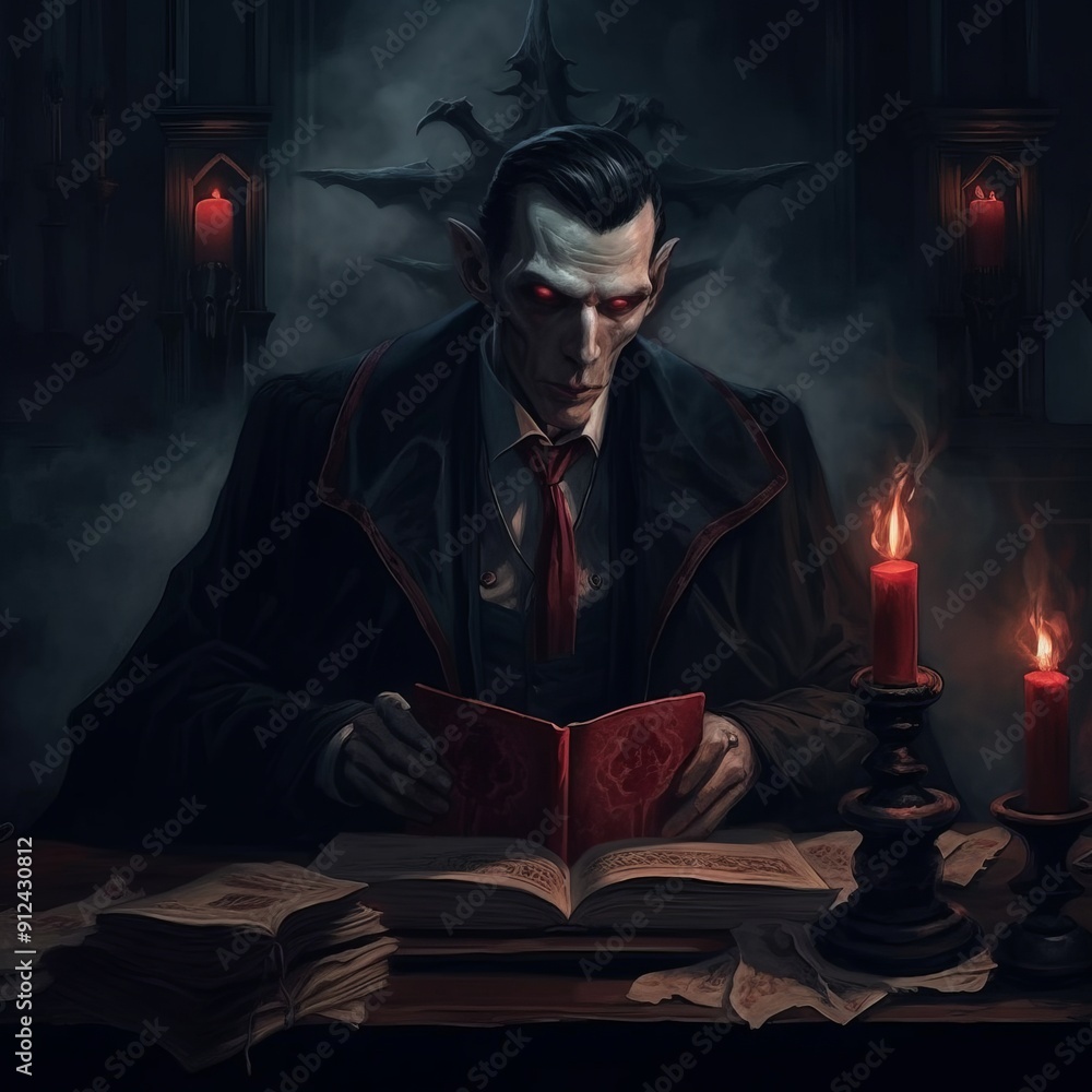 A vampire is quietly sitting at a table, deeply engrossed in reading a fascinating book, lost in a world of stories and shadows A vampire is quietly sitting at a table, deeply engrossed in reading a fascinating book, lost in a world of stories and shadows