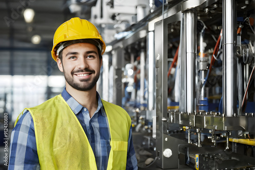 Portrait of cheerful young worker wearing hard hat at modern factory. 