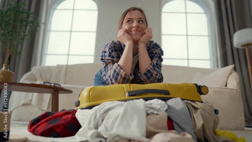 Portrait of dreaming female tourist with overload unclosed suitcase at home. Dream about holidays and trip in summer vacation, young student girl packing bag in living room, waiting for adventure Portrait of dreaming female tourist with overload unclosed suitcase at home. Dream about holidays and trip in summer vacation, young student girl packing bag in living room, waiting for adventure