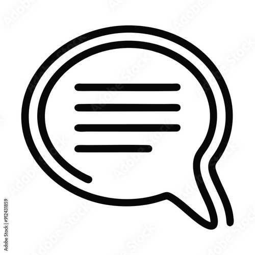 Black and white speech bubble icon with horizontal lines. Vector illustration