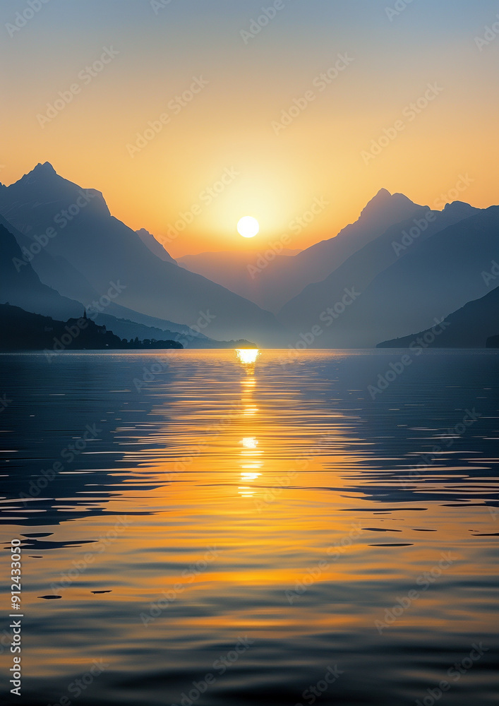 Tranquil sunset over mountain lake reflection Tranquil sunset over mountain lake reflection