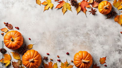 Beautiful autumn season mood banner concept with dry leaves and pumpkins
