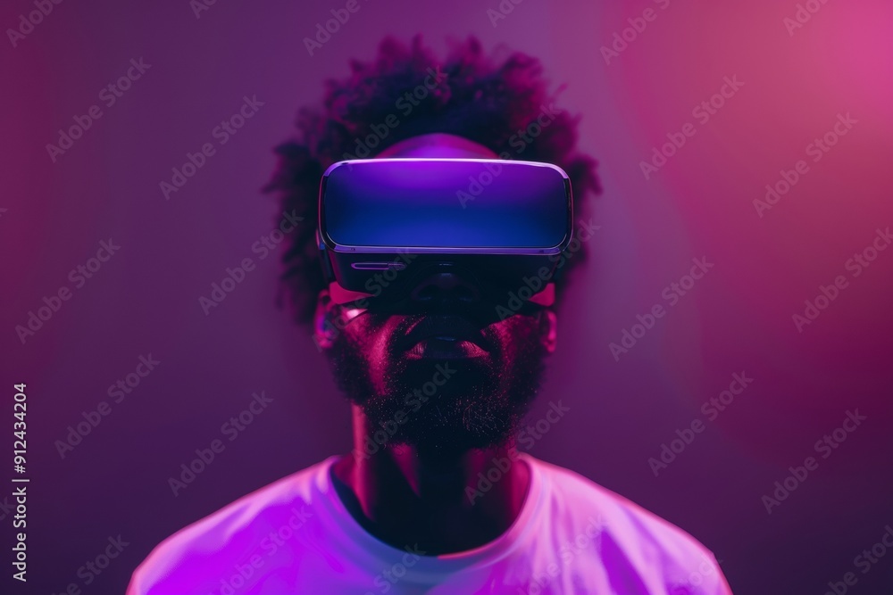 Man with afro wearing VR headset against pink background. Man with afro wearing VR headset against pink background.