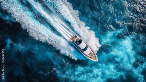 Wallpaper Mural Aerial view of a luxury yacht cruising through clear blue ocean waters, leaving a beautiful trail of waves behind. Torontodigital.ca
