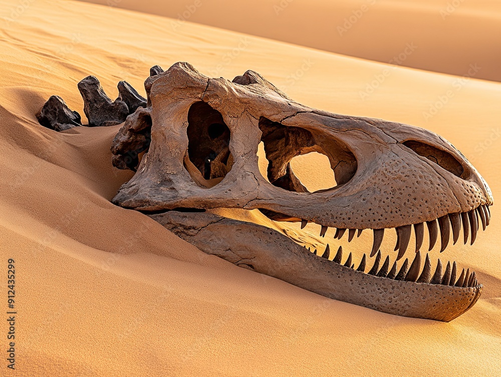 Close-up of a dinosaur skull fossil partially buried in desert sand, clear copy space on the right, warm sunlight, more clarity with clear light and sharp focus, high detailed Close-up of a dinosaur skull fossil partially buried in desert sand, clear copy space on the right, warm sunlight, more clarity with clear light and sharp focus, high detailed