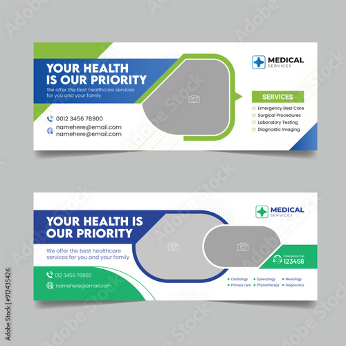 Medical healthcare doctor horizontal cover page design, Hospital business promotional social media marketing banner template