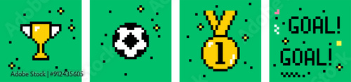 Football card set. Soccer. Ball. Winner cup. Gold medal. Pixel art 8 bit design. Pixels Y2k trendy playful stickers. Pixelated abstract icons. Mood of 90's aesthetics. Simple form. Green background