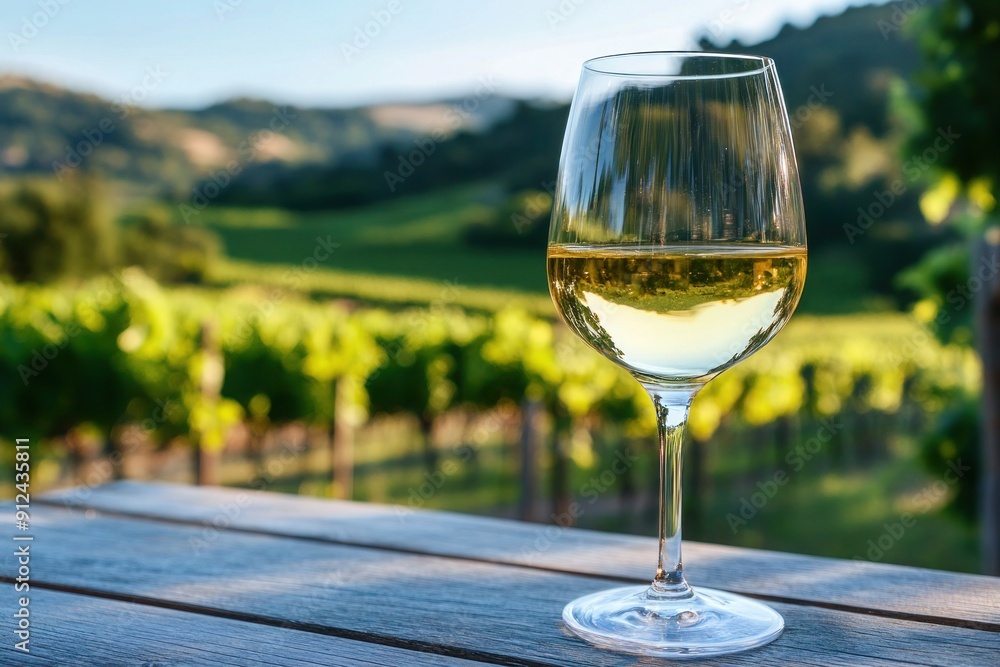 Glass of white wine on a wooden terrace table with a stunning view of a vineyard and countryside in the background. Glass of white wine on a wooden terrace table with a stunning view of a vineyard and countryside in the background.