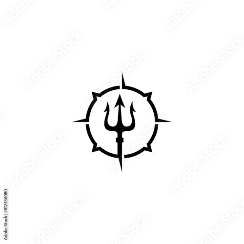 Trident logo with compass combination of cardinal directions in flat vector design style