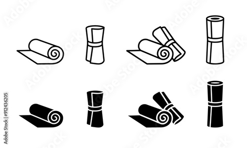 Yoga mat icon. Rolled camping carpet vector illustration. Tourist pad symbol. Mat for home exercises sign. Pilates mattress pictogram.