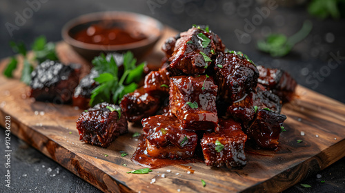 Wooden cutting board with delicious barbecue beef brisket burnt ends, garnished with parsley