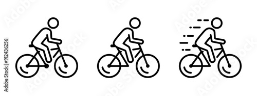 Bicycle with man icon set. Person riding a bike vector illustration. Bicyclist symbol. Bike race sign. Active lifestyle bicycle outline concept.