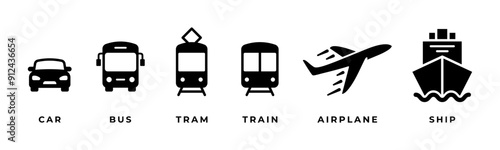 Transportation icon set. Transport symbol collection. Cargo vehicles vector illustration. Car, bus, tram, train, airplane and ship isolated concept. Flat black transportation icon set.