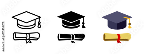 Graduation hat with diploma icon set. Student hat with academic degree certificate vector illustration. College, school and university graduation ceremony concept.
