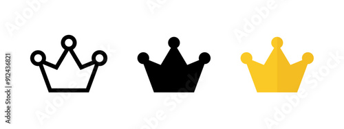Queen icon. King symbol. Simple gold crown vector illustration. Jewelry sign. Kingdom sign. Authority concept. Prince and princess minimalistic pictogram.