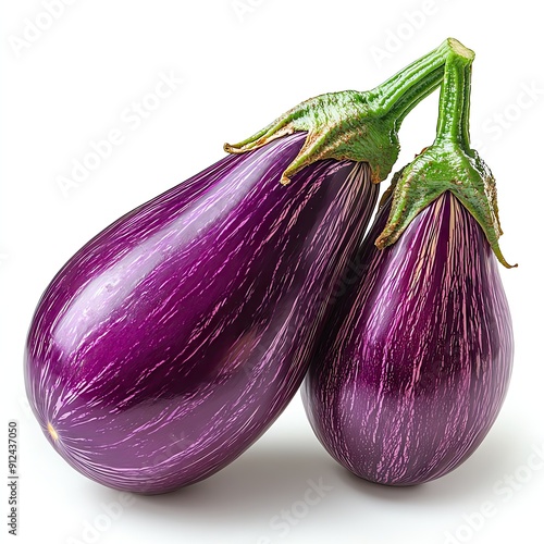 Isolated on white background a purple eggplant, more clarity with clear light and sharp focus, super detailed photo