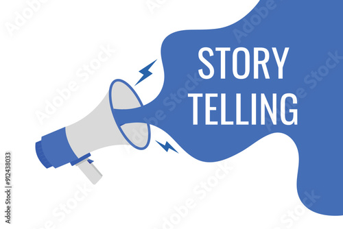 story telling button, banner, label, template for website. story telling text with colorful megaphone icon
