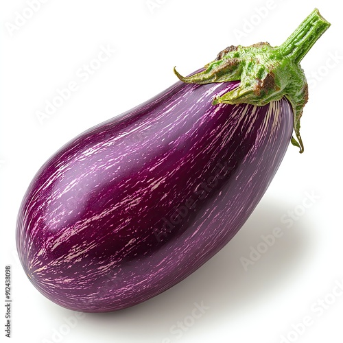 Isolated on white background a purple eggplant, more clarity with clear light and sharp focus, super detailed photo