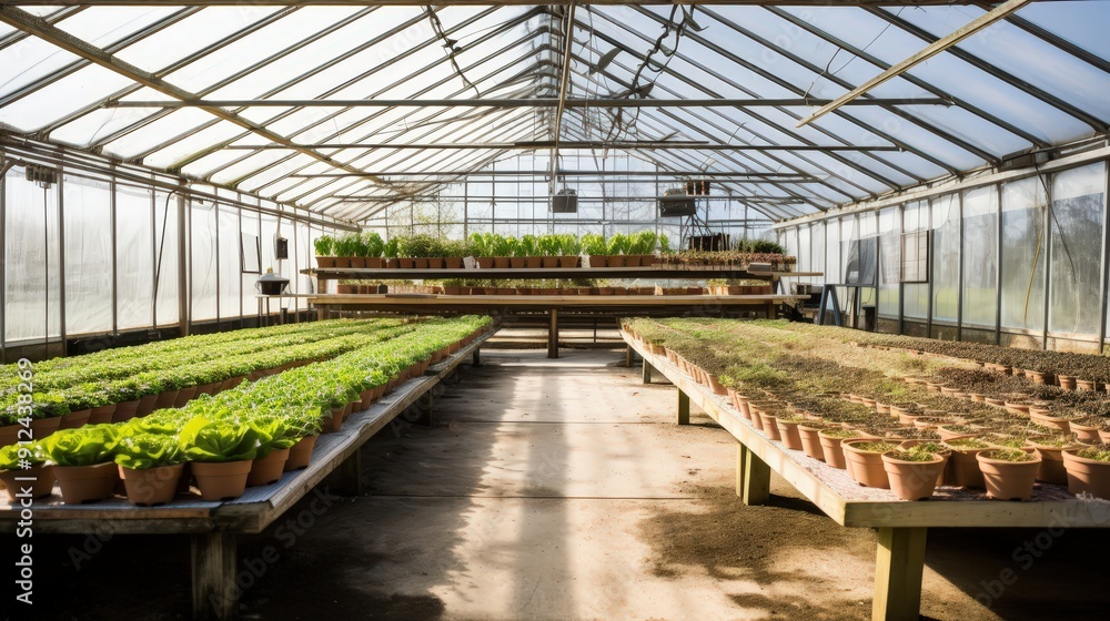 Greenhouse with rows of plants Greenhouse with rows of plants