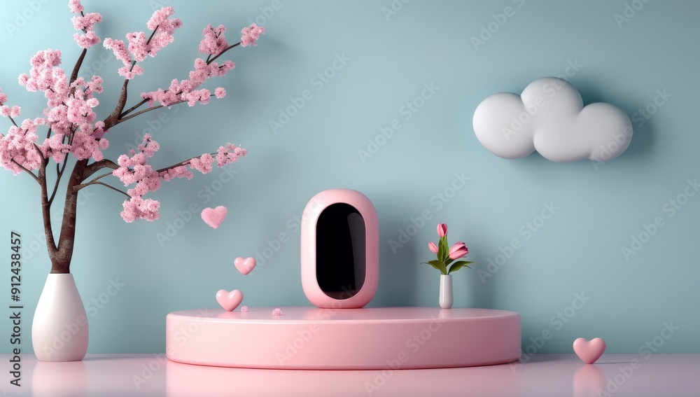 Pink Podium with Heart-Shaped Clouds - Valentine's Day Backdrop Pink Podium with Heart-Shaped Clouds - Valentine's Day Backdrop