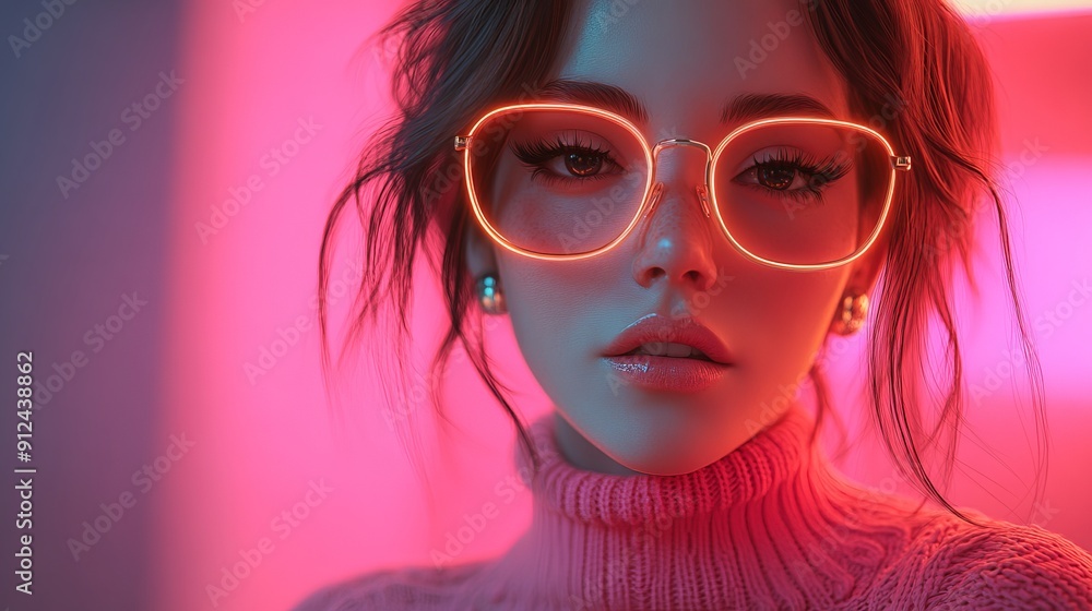 Obraz premium Stylish Young Woman in Neon Glasses Against Vibrant Pink Background