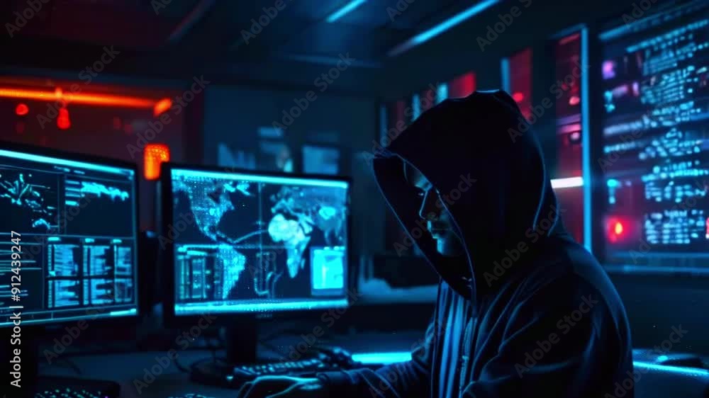 Hacker in a dark room with computer screens displaying data. Hacker in a dark room with computer screens displaying data.
