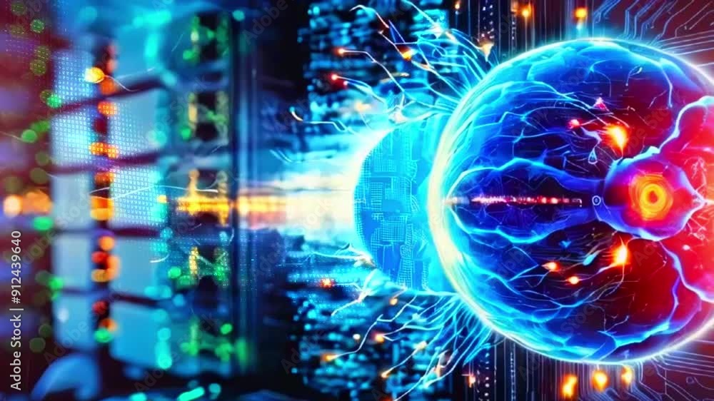 A glowing blue brain over a circuit board represents artificial intelligence. A glowing blue brain over a circuit board represents artificial intelligence.