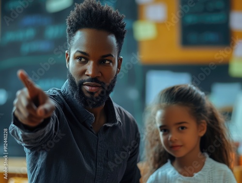 A man and young girl pointing at something in unison, possibly exploring or discovering together