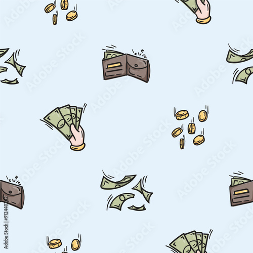 Bright seamless pattern for wrapping paper with wallet icons, hands with banknotes and flying money. Simple vector background with repeating elements. Illustration related to business, finance, wealth