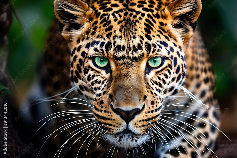 © Linggakun - A close-up of a leopard showcases its striking and intense gaze directly into the camera. Its piercing green eyes, prominent whiskers, and sleek, muscular build are visible, a blurred background. © Linggakun - A close-up of a leopard showcases its striking and intense gaze directly into the camera. Its piercing green eyes, prominent whiskers, and sleek, muscular build are visible, a blurred background.