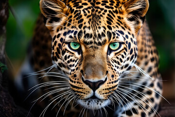 Tableau sur plexiglas Léopard A close-up of a leopard showcases its striking and intense gaze directly into the camera. Its piercing green eyes, prominent whiskers, and sleek, muscular build are visible, a blurred background.   © Linggakun