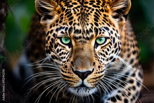 Fototapeta na wymiar A close-up of a leopard showcases its striking and intense gaze directly into the camera. Its piercing green eyes, prominent whiskers, and sleek, muscular build are visible, a blurred background.
