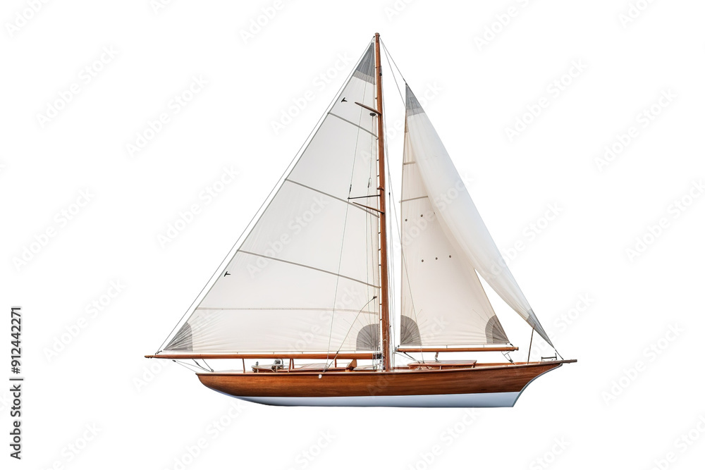 Fototapeta premium A Classic Wooden Sailing Yacht Gracefully Navigates Calm Waters on a White or Clear Surface PNG Transparent Background