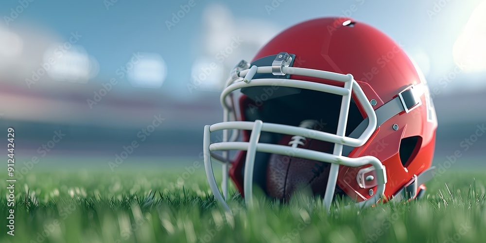 Fototapeta premium Red Football Helmet & Ball on Field - Blurred Stadium Background