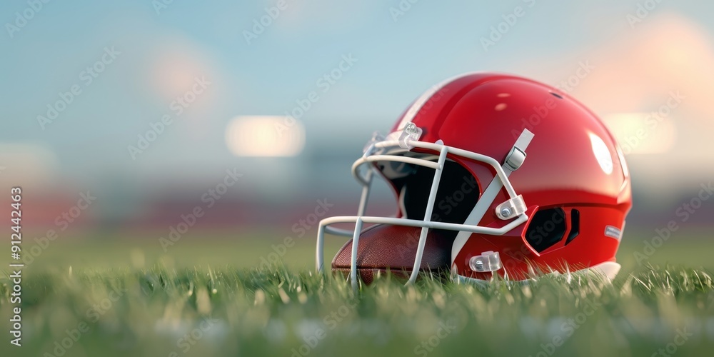 Red Football Helmet & Ball on Field - Blurred Stadium Background Red Football Helmet & Ball on Field - Blurred Stadium Background