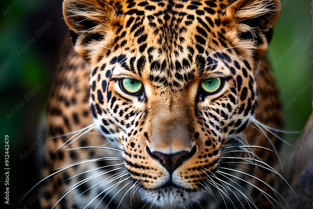 Obraz premium A close-up of a leopard showcases its striking and intense gaze directly into the camera. Its piercing green eyes, prominent whiskers, and sleek, muscular build are visible, a blurred background. 