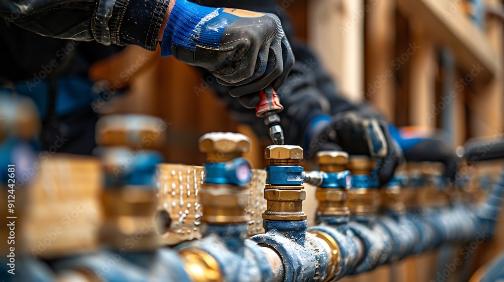 A detailed close-up of plumbers' hands fitting pipes and using tools, with the newly installed water lines visible. The background shows the partially constructed building,