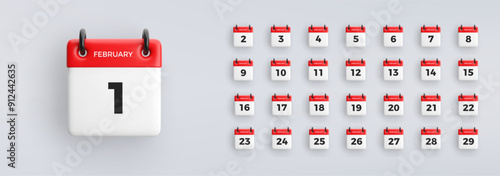 3D calendar icon with date from 1 to 31 of February on gray background. Vector schedule symbol collection.