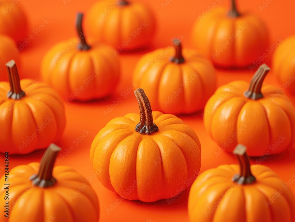 Group of small orange pumpkins arranged on an orange surface, great for fall and harvest themed designs Group of small orange pumpkins arranged on an orange surface, great for fall and harvest themed designs