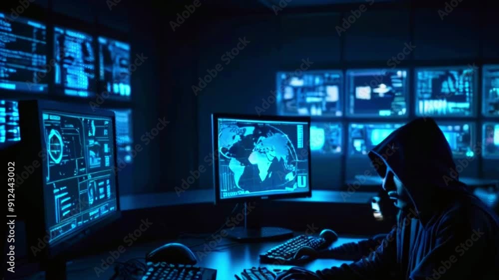 A hooded figure sits in a dark room, working on a computer with a blue screen. A hooded figure sits in a dark room, working on a computer with a blue screen.