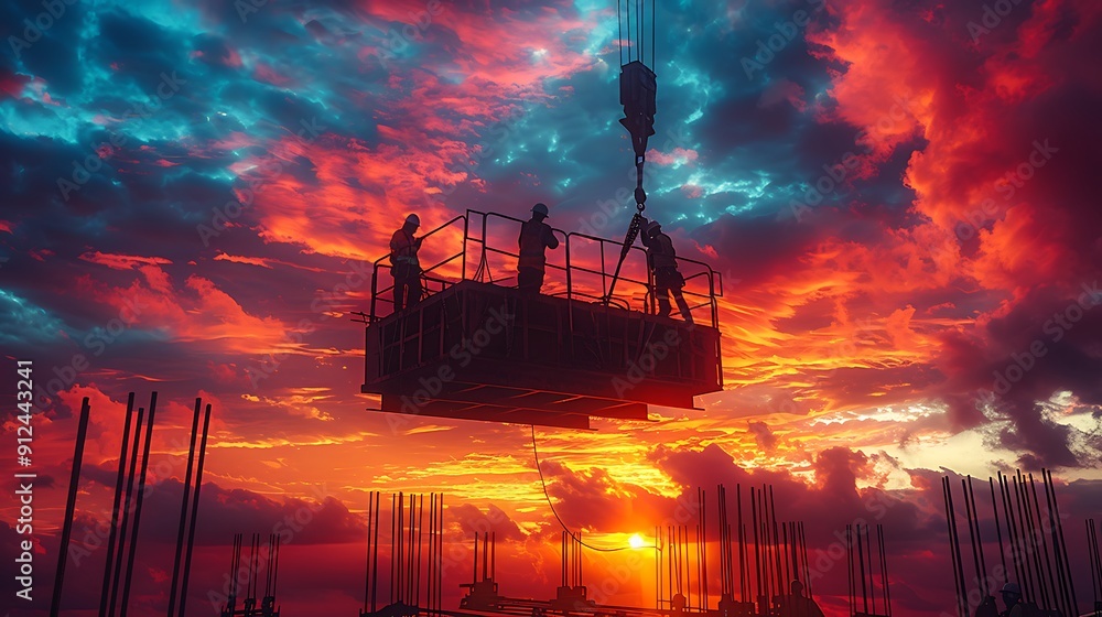 A dramatic shot of a crane lifting heavy materials during sunset, with the sky painted in vibrant hues of orange and pink. Workers are silhouetted against the colorful sky, A dramatic shot of a crane lifting heavy materials during sunset, with the sky painted in vibrant hues of orange and pink. Workers are silhouetted against the colorful sky,