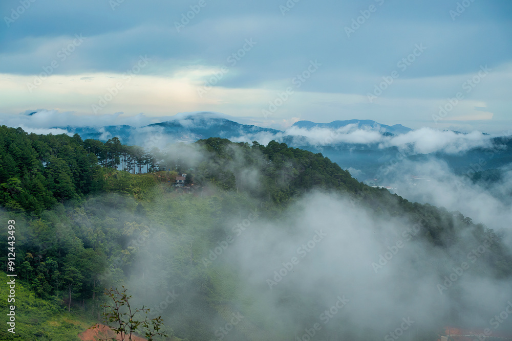 A small house on the mountainside, among the green pine forest covered by clouds in Da Sar, Lac Duong, Lam Dong, Vietnam A small house on the mountainside, among the green pine forest covered by clouds in Da Sar, Lac Duong, Lam Dong, Vietnam