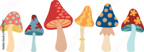 Vector illustration of psychedelic groovy mushrooms. Set of hippie and funky elements in flat style	